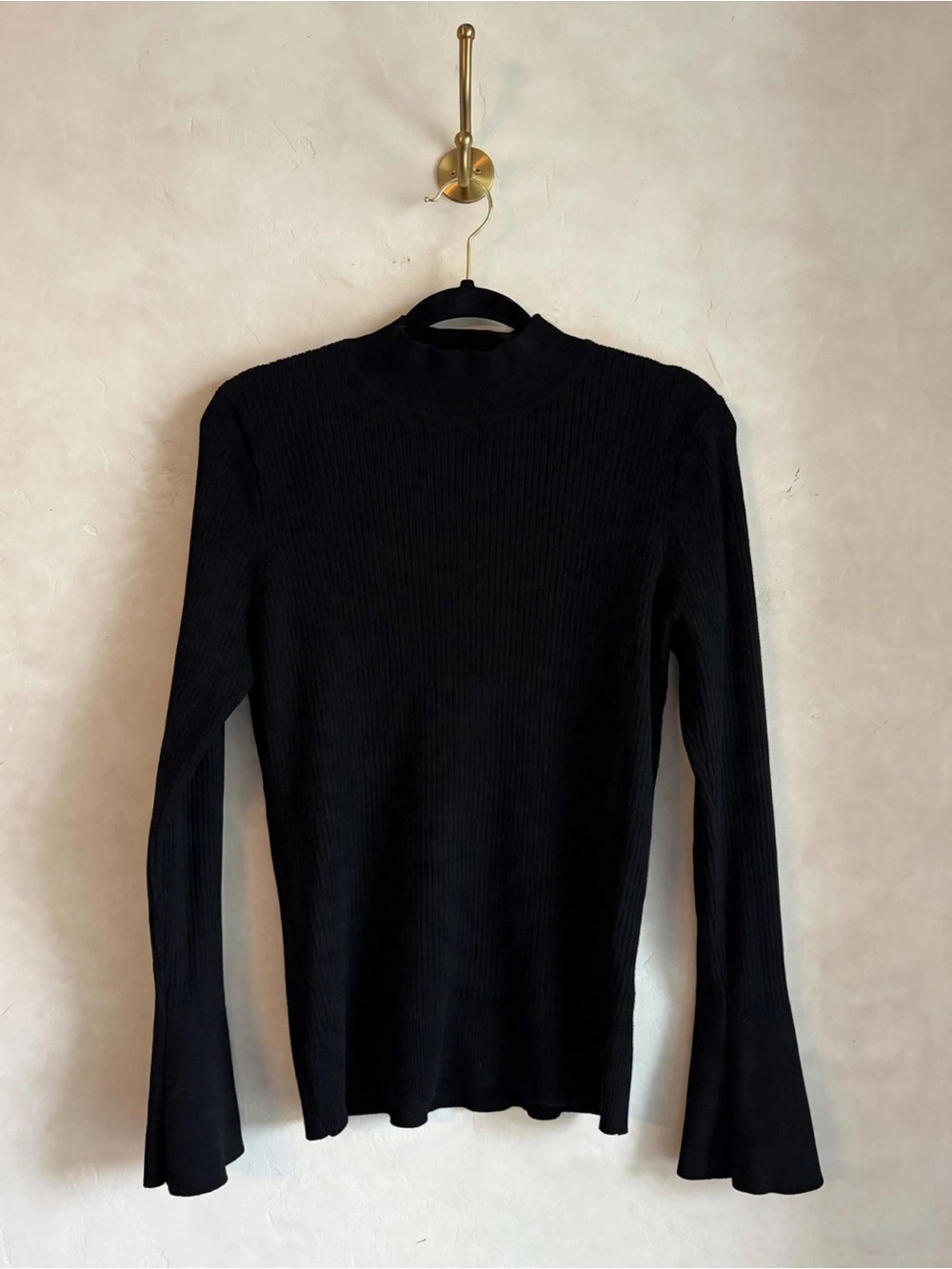 DKNY Black Ribbed Mock Neck Bell Sleeve Sweater Size L